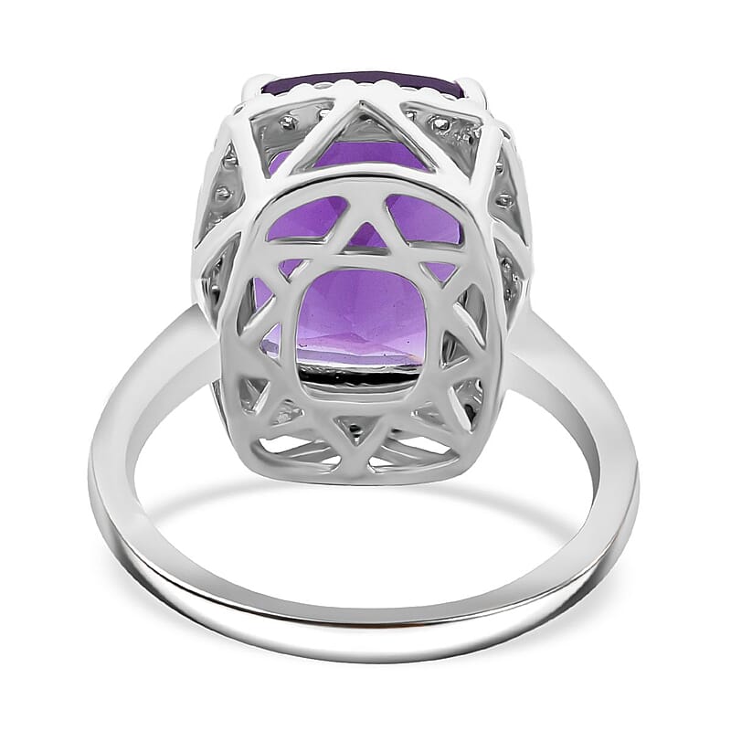 Concave Cut African Amethyst and White Zircon 7.20 ctw Halo Ring in Rhodium Over Sterling Silver (Size 10.0)
