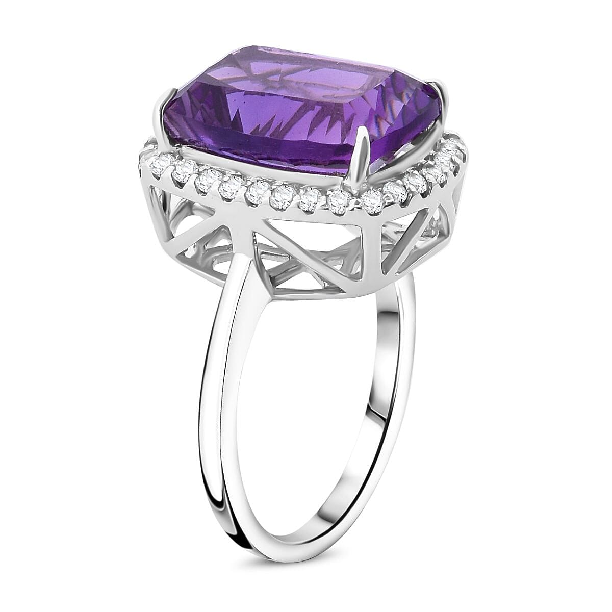 Concave Cut African Amethyst and White Zircon 7.20 ctw Halo Ring in Rhodium Over Sterling Silver (Size 5.0) image number 3