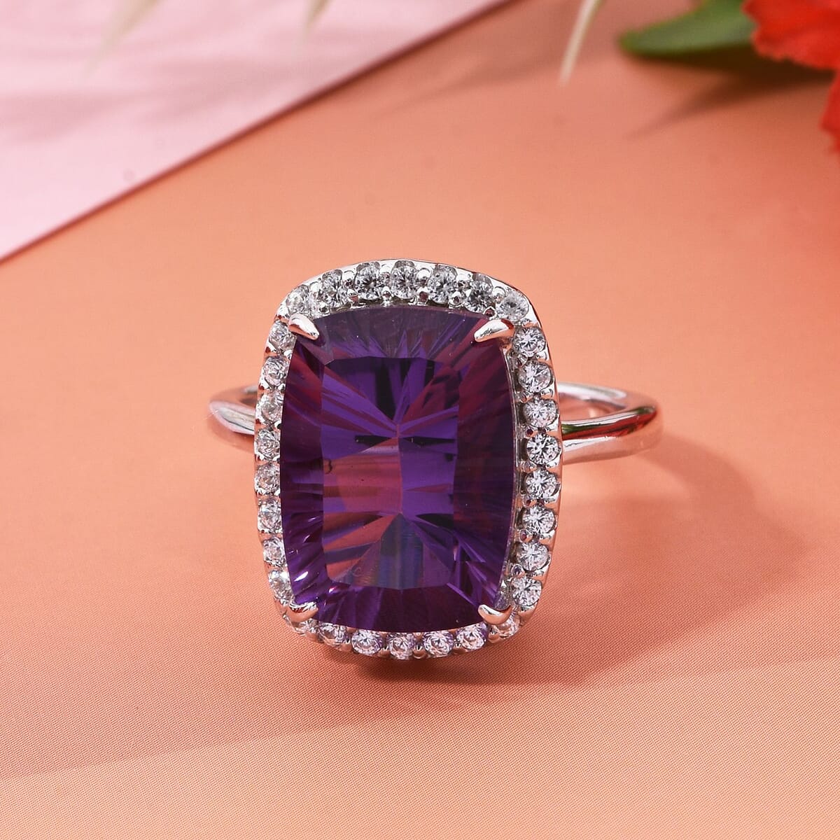Concave Cut African Amethyst and White Zircon 7.20 ctw Halo Ring in Rhodium Over Sterling Silver (Size 7.0) image number 1