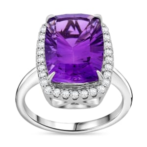 Concave Cut African Amethyst and White Zircon 7.20 ctw Halo Ring in Rhodium Over Sterling Silver (Size 9.0)