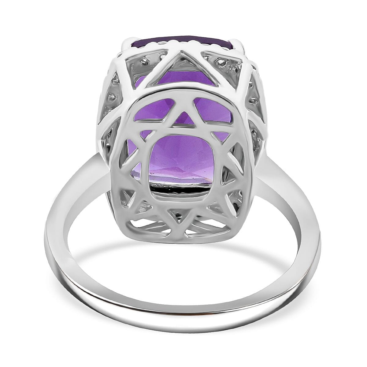Concave Cut African Amethyst and White Zircon 7.20 ctw Halo Ring in Rhodium Over Sterling Silver (Size 9.0) image number 4