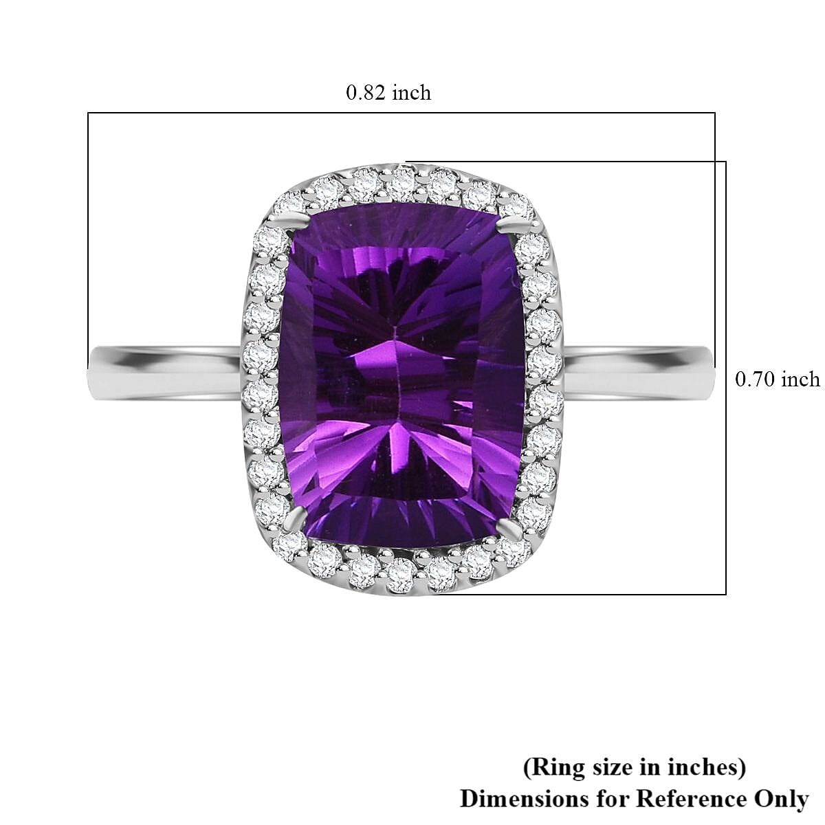 Concave Cut African Amethyst and White Zircon 7.20 ctw Halo Ring in Rhodium Over Sterling Silver (Size 9.0) image number 5