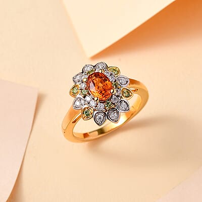 Fanta Garnet and Multi Gemstone 1.65 ctw Sunflower Ring in 18K Vermeil Yellow Gold Over Sterling Silver (Size 10.0)