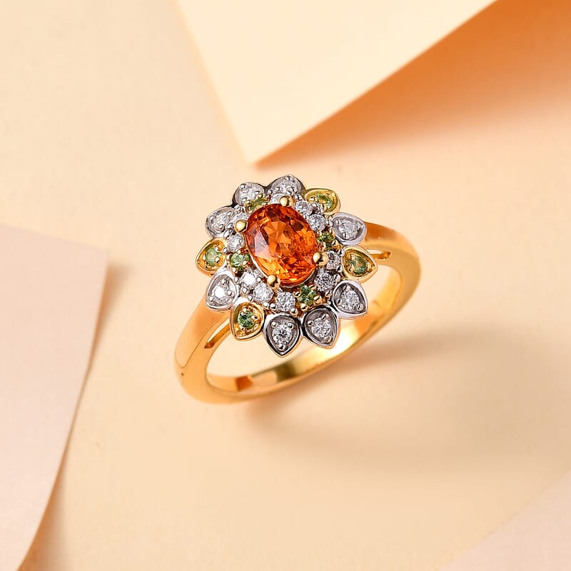 Fanta Garnet and Multi Gemstone 1.65 ctw Sunflower Ring in 18K Vermeil Yellow Gold Over Sterling Silver (Size 10.0)