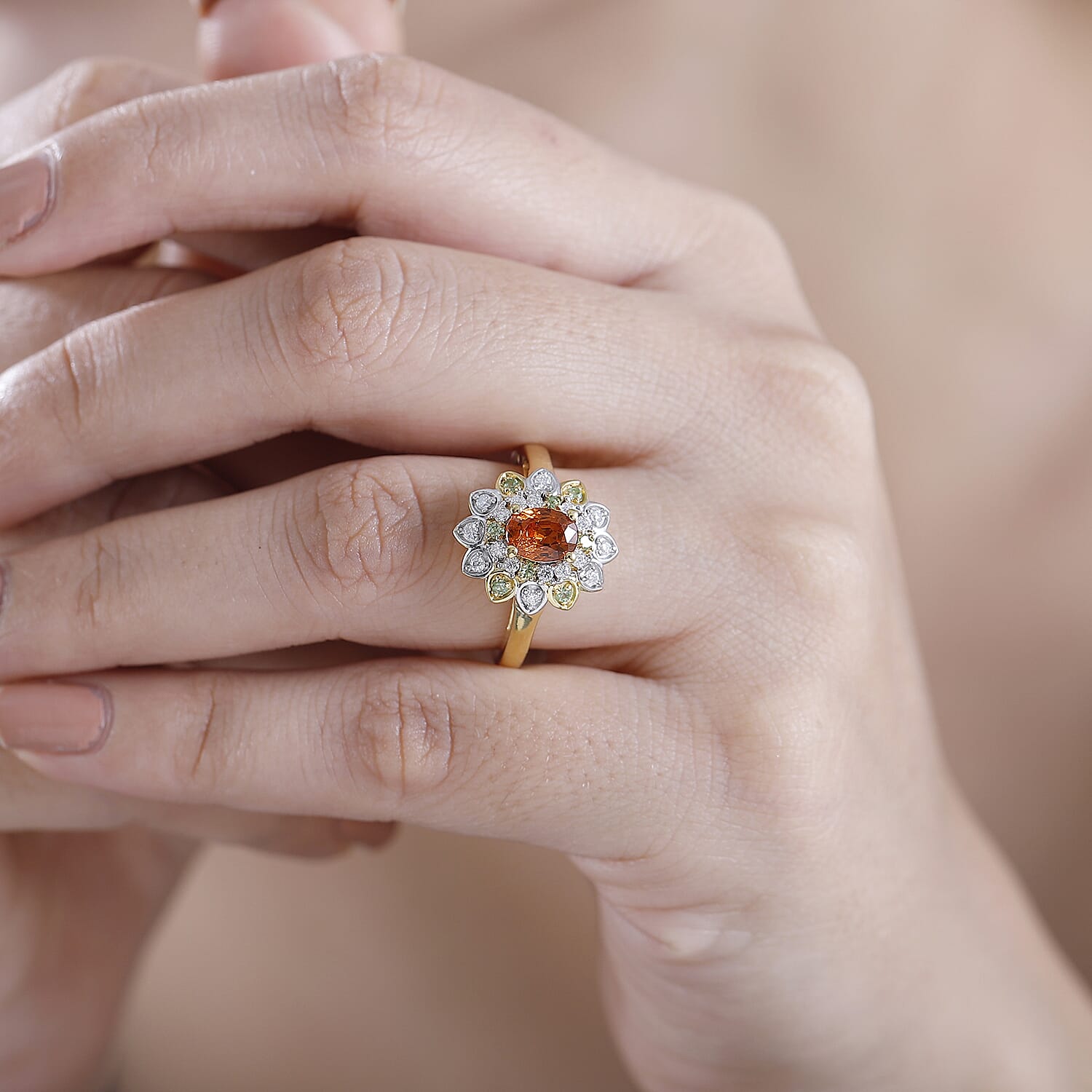 Fanta Garnet and Multi Gemstone 1.65 ctw Sunflower Ring in 18K Vermeil Yellow Gold Over Sterling Silver (Size 10.0)