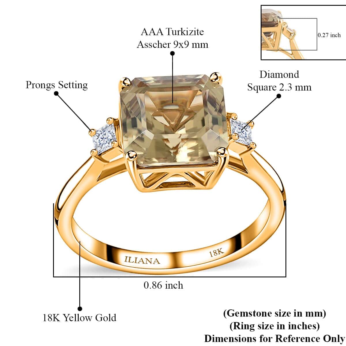 Certified and Appraised Iliana Asscher Cut AAA Turkizite and G-H SI Diamond 4.35 ctw Ring in 18K Yellow Gold (Size 6.5) image number 5