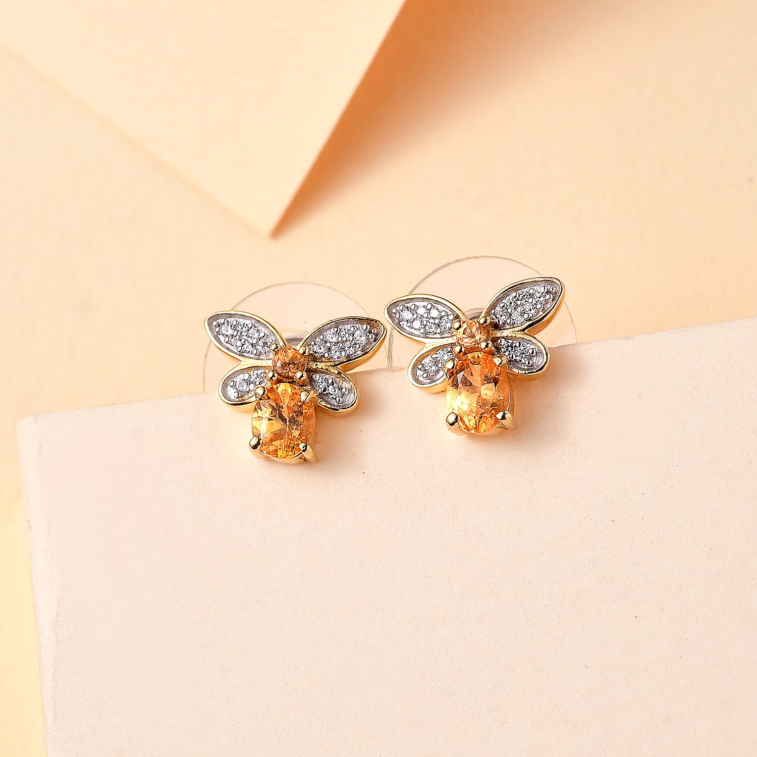D'Joy Fanta Garnet and White Zircon 1.25 ctw Honey Bee Earrings in 18K Vermeil Yellow Gold Over Sterling Silver
