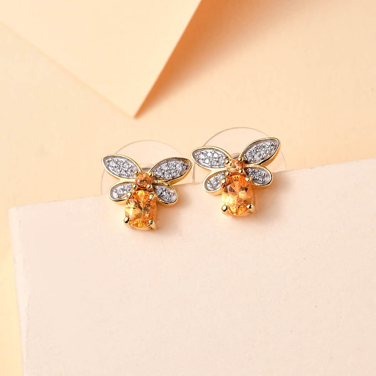 Fanta Garnet and White Zircon 1.25 ctw Honey Bee Earrings in 18K Vermeil Yellow Gold Over Sterling Silver image number 1