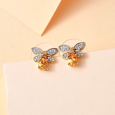 D'Joy Fanta Garnet and White Zircon 1.25 ctw Honey Bee Earrings in 18K Vermeil Yellow Gold Over Sterling Silver