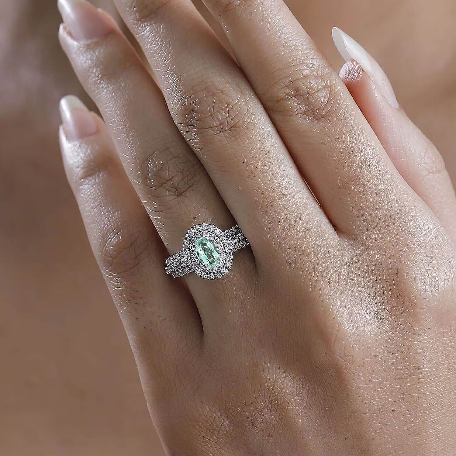 Rhapsody 950 Platinum AAAA Paraiba Tourmaline, Diamond (E-F, VS) Ring (Size 10.0) (7.85 g) 1.49 ctw