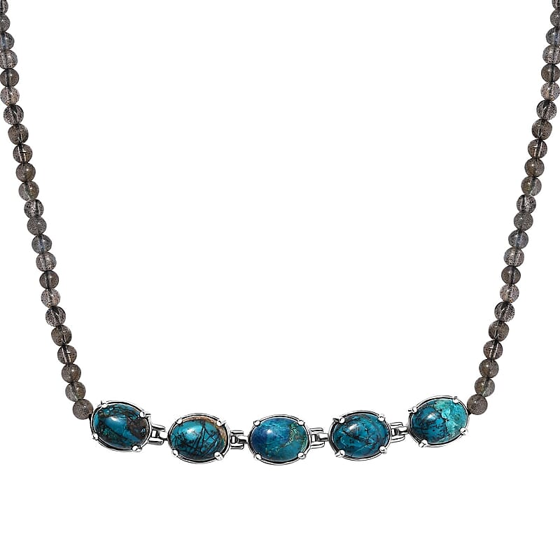 D'Joy Table Mountain Shadowkite and Malagasy Labradorite 37.50 ctw 18 Inches Necklace in Platinum Over Sterling Silver