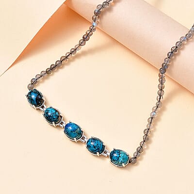 D'Joy Table Mountain Shadowkite and Malagasy Labradorite 37.50 ctw 18 Inches Necklace in Platinum Over Sterling Silver