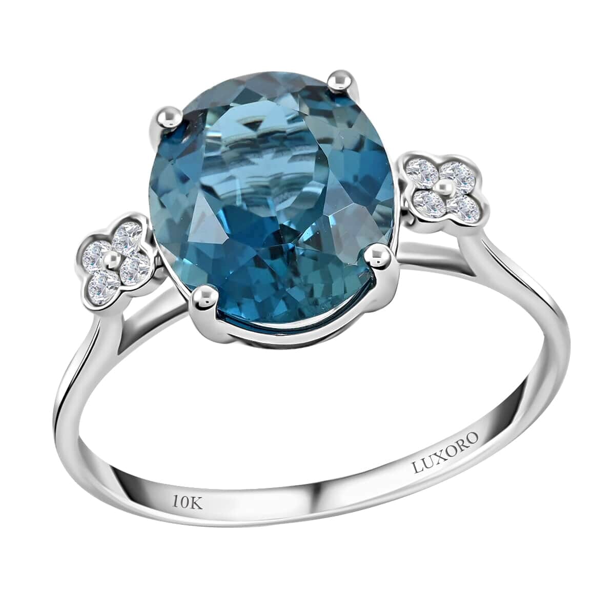 Certified and Appraised Luxoro AAA London Blue Topaz and G-H I1 Diamond 6.00 ctw Ring in 10K White Gold (Size 9.5) image number 0