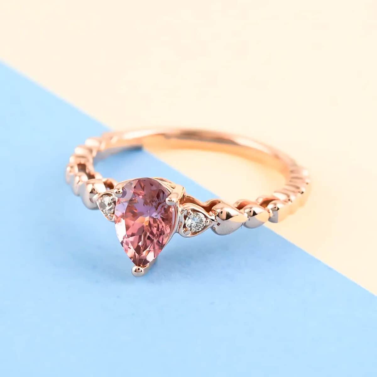 Luxoro AAA Blush Tourmaline and Diamond 1.00 ctw Ring in 10K Rose Gold (Size 5.5) image number 1