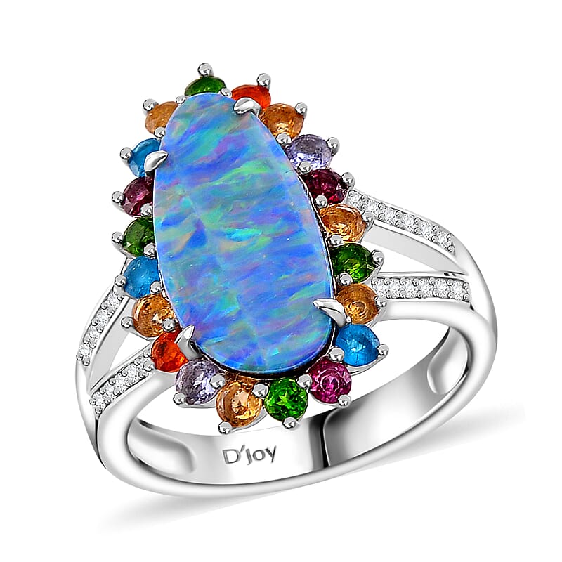 AAA Boulder Opal Doublet and Multi Gemstone 4.15 ctw Ocean Radiance Ring in Rhodium Over Sterling Silver (Size 6.0)