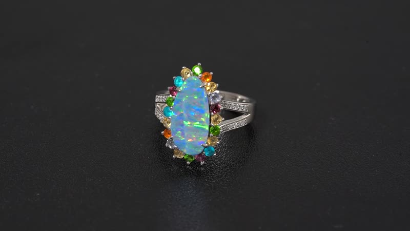 AAA Boulder Opal Doublet and Multi Gemstone 4.15 ctw Ocean Radiance Ring in Rhodium Over Sterling Silver
