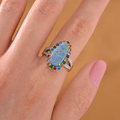 AAA Boulder Opal Doublet and Multi Gemstone 4.15 ctw Ocean Radiance Ring in Rhodium Over Sterling Silver (Size 6.0)