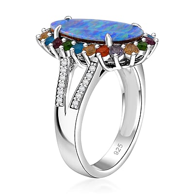 AAA Boulder Opal Doublet and Multi Gemstone 4.15 ctw Ocean Radiance Ring in Rhodium Over Sterling Silver (Size 6.0)