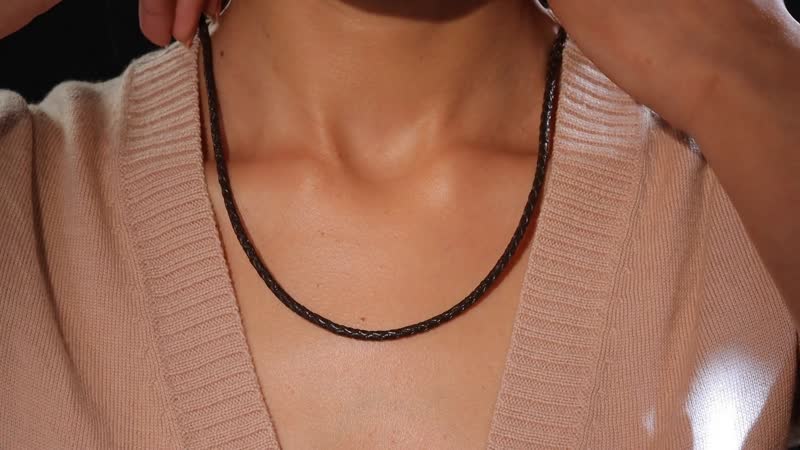 Brown Leather Cord Necklace in Black Oxidized Sterling Sliver (18 Inches)