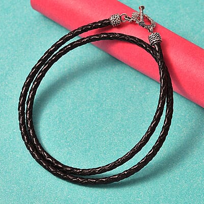 D'Joy Brown Leather Cord Necklace in Black Oxidized Sterling Sliver 18 Inches