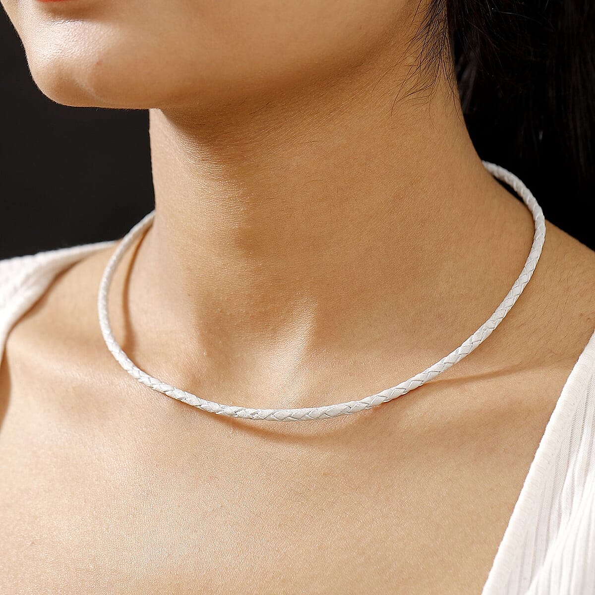 D'Joy White Leather Cord Necklace in Black Oxidized Sterling Silver 18 Inches image number 2