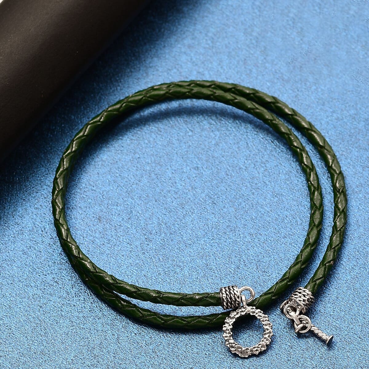 Green Leather Cord Necklace in Black Oxidized Sterling Sliver 18 Inches image number 1