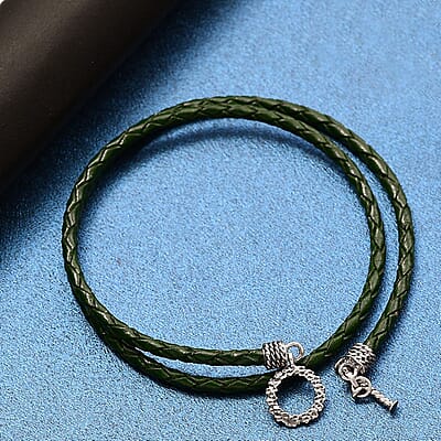 D'Joy Green Leather Cord Necklace in Black Oxidized Sterling Sliver 18 Inches