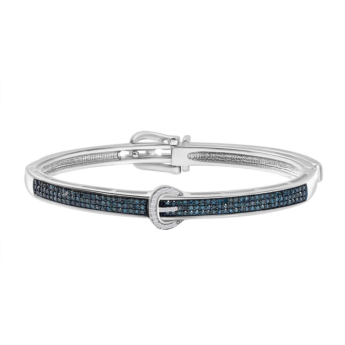 Blue Diamond and White Diamond 1.00 ctw Bangle Bracelet in Rhodium Over Sterling Silver (7.25 In) image number 0