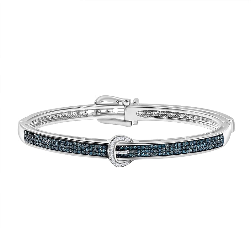 D'Joy Blue and White Diamond 1.00 ctw Buckle Bangle Bracelet in Rhodium Over Sterling Silver (7.25 In)