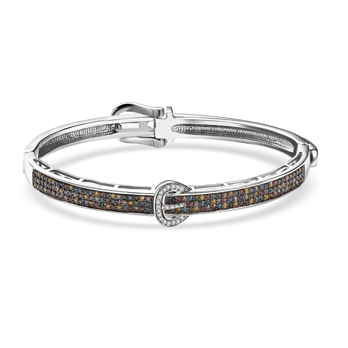 Natural Champagne Diamond and Multi Gemstones 1.00 ctw Bangle Bracelet in Rhodium Over Sterling Silver image number 0