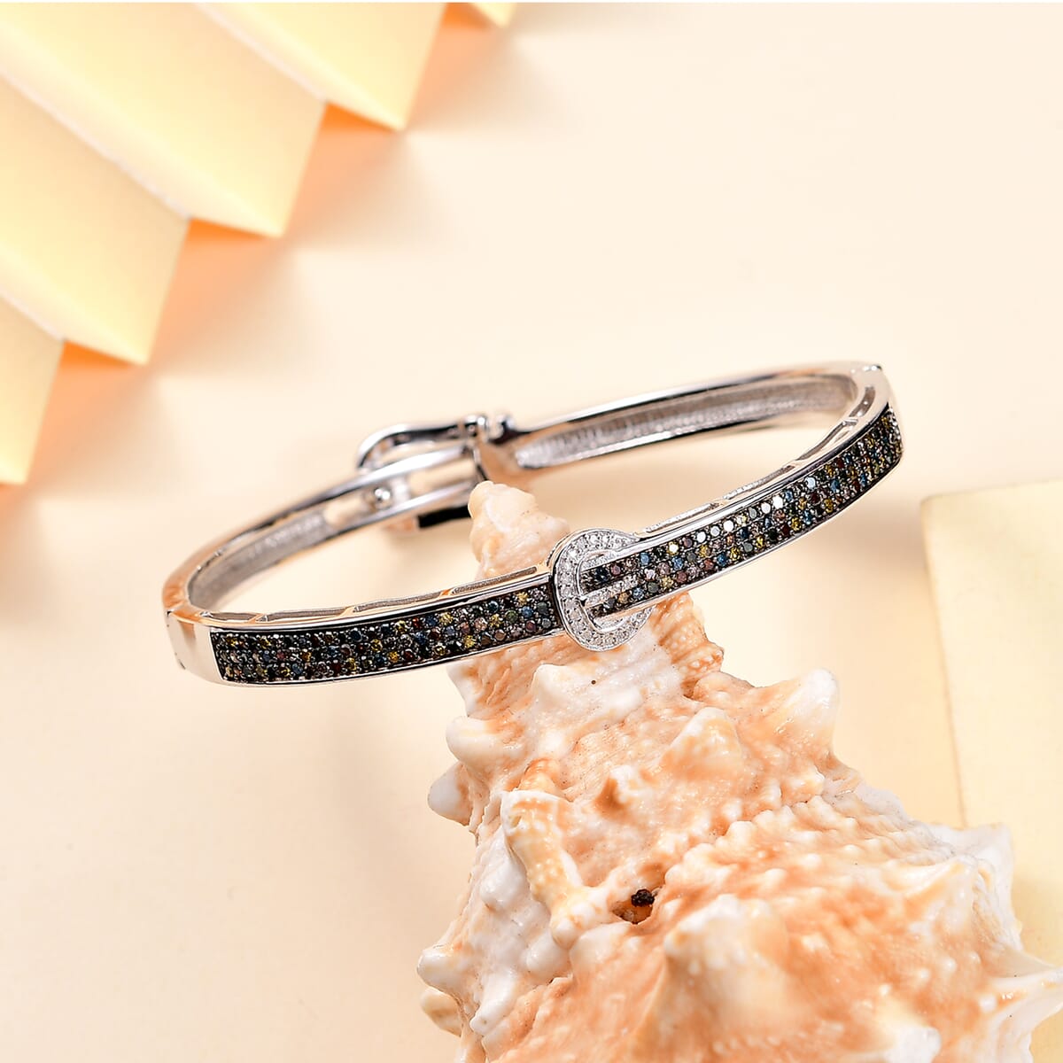 Natural Champagne Diamond and Multi Gemstones 1.00 ctw Bangle Bracelet in Rhodium Over Sterling Silver image number 1