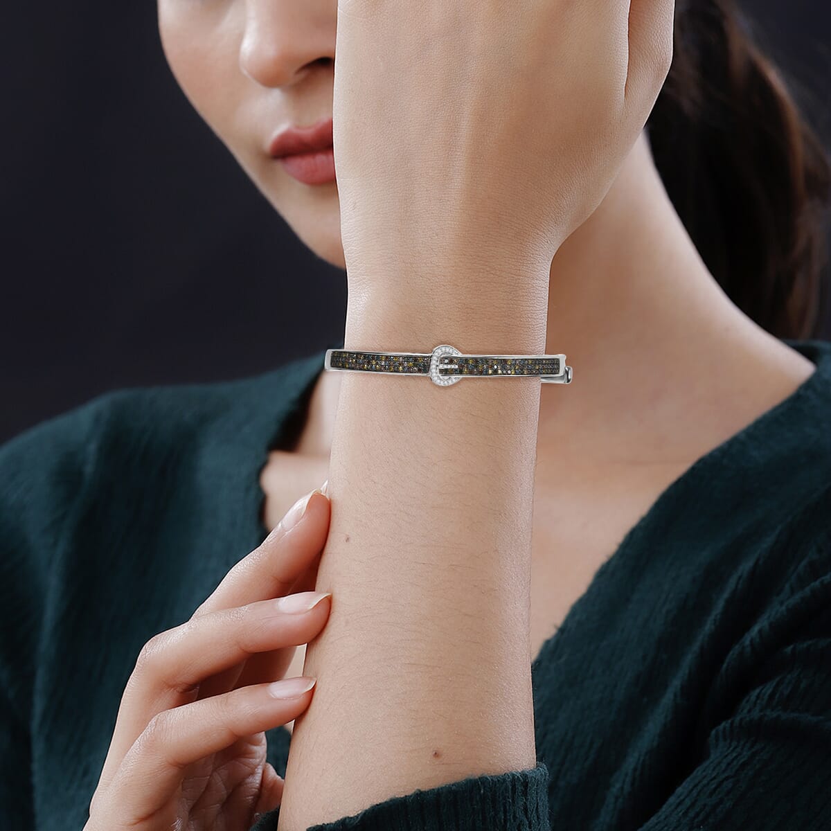 Natural Champagne Diamond and Multi Gemstones 1.00 ctw Bangle Bracelet in Rhodium Over Sterling Silver image number 2