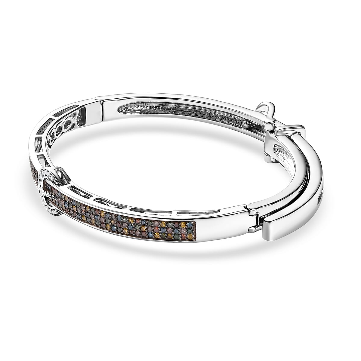 Natural Champagne Diamond and Multi Gemstones 1.00 ctw Bangle Bracelet in Rhodium Over Sterling Silver image number 3