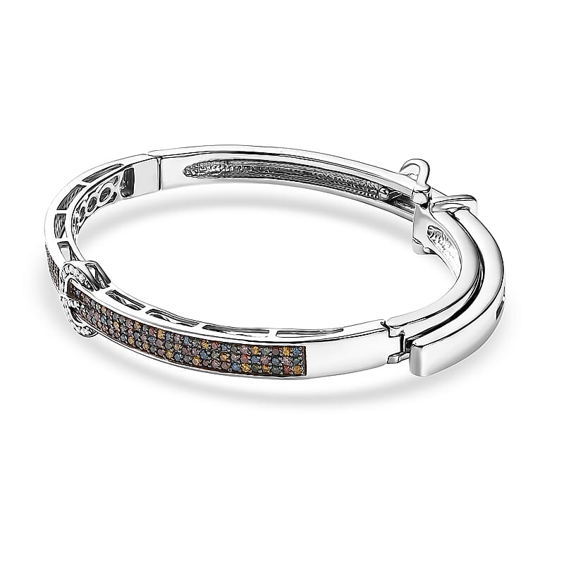 D'Joy Natural Champagne Diamond and Multi Gemstones 1.00 ctw Bangle Bracelet in Rhodium Over Sterling Silver