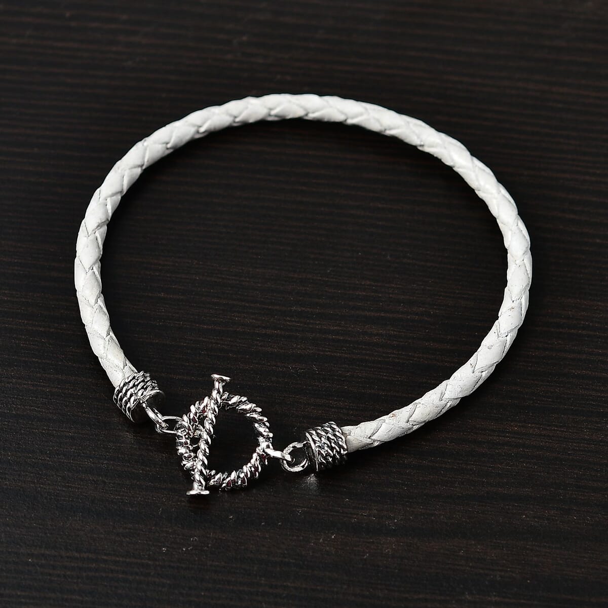 Value Buy White Leather Cord Bracelet in Black Oxidized Sterling Silver (7.25 In) image number 1