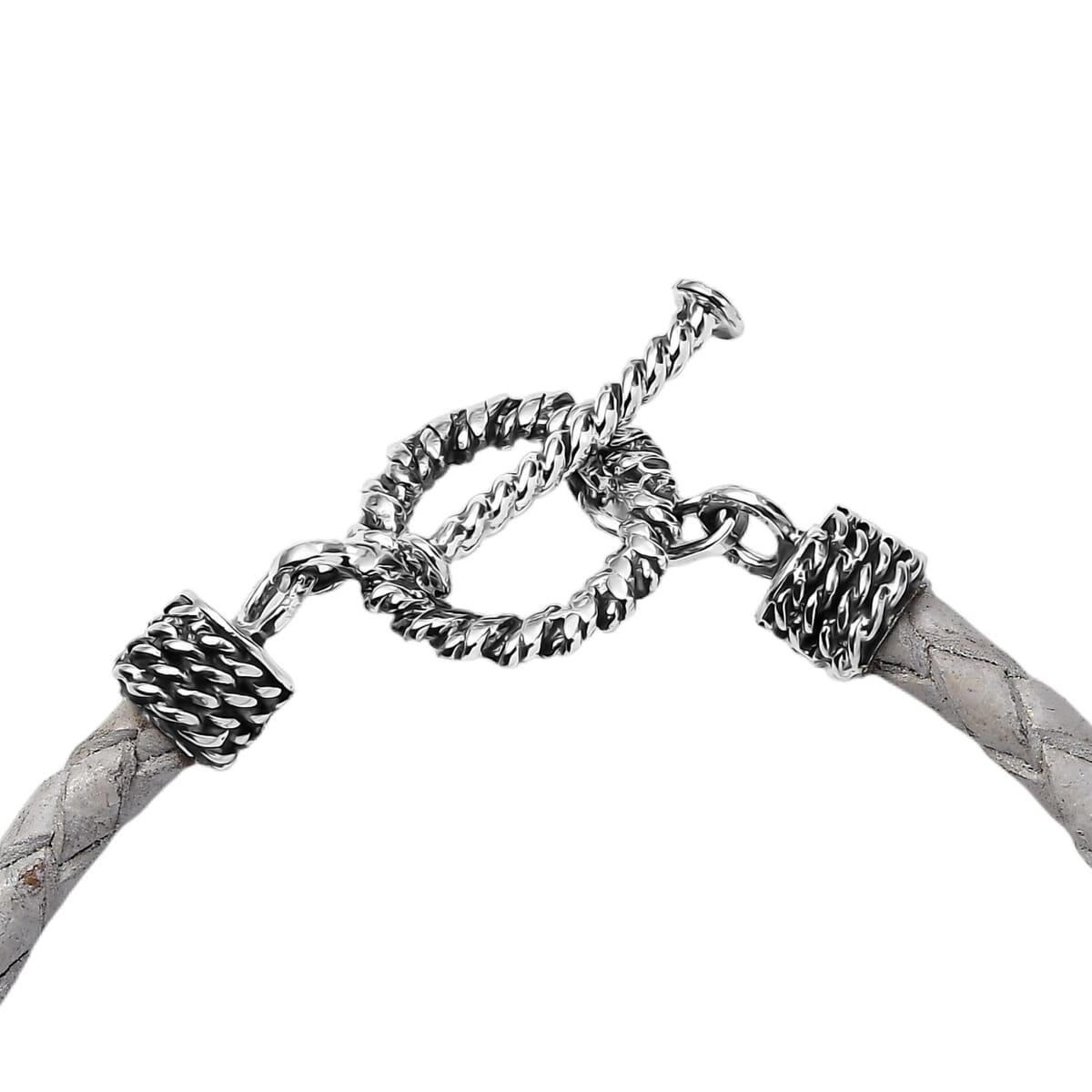 Value Buy White Leather Cord Bracelet in Black Oxidized Sterling Silver (7.25 In) image number 3