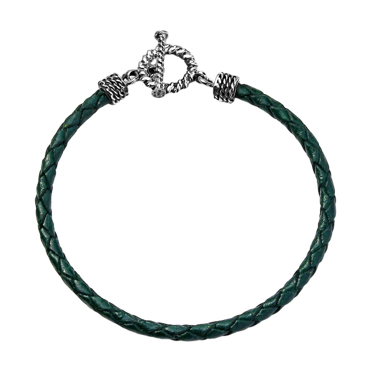 Value Buy Green Leather Cord Bracelet in Black Oxidized Sterling Silver (7.25 In) image number 0