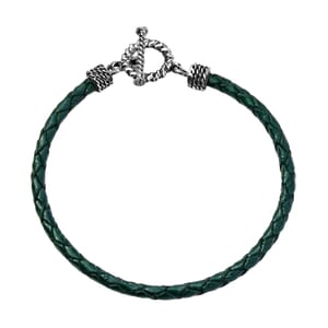 Value Buy Green Leather Cord Bracelet in Black Oxidized Sterling Silver (7.25 In)