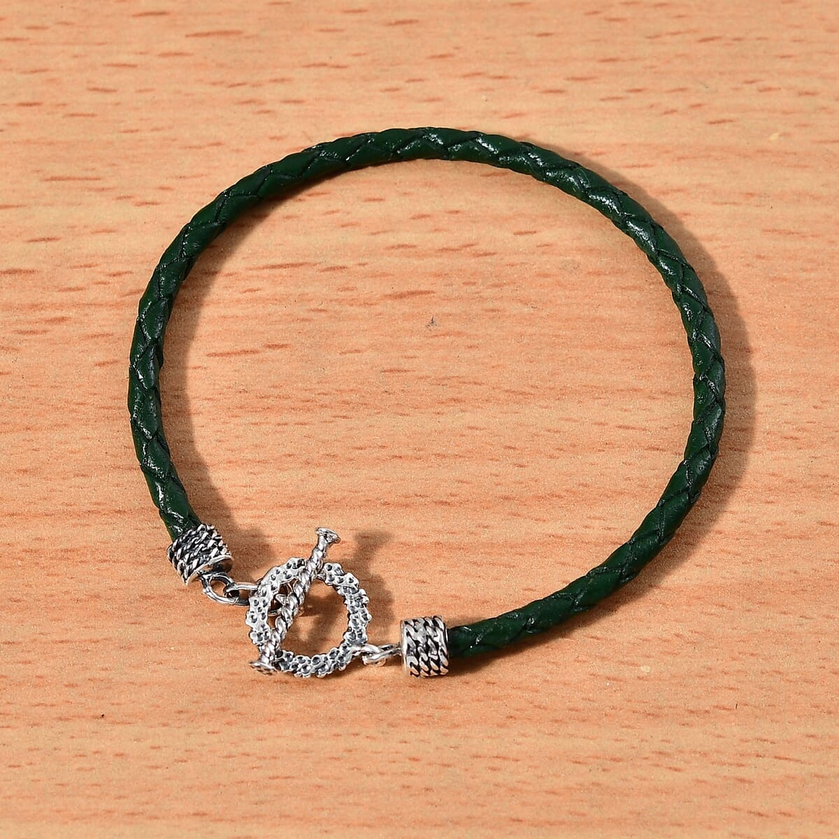 Value Buy Green Leather Cord Bracelet in Black Oxidized Sterling Silver (7.25 In) image number 1