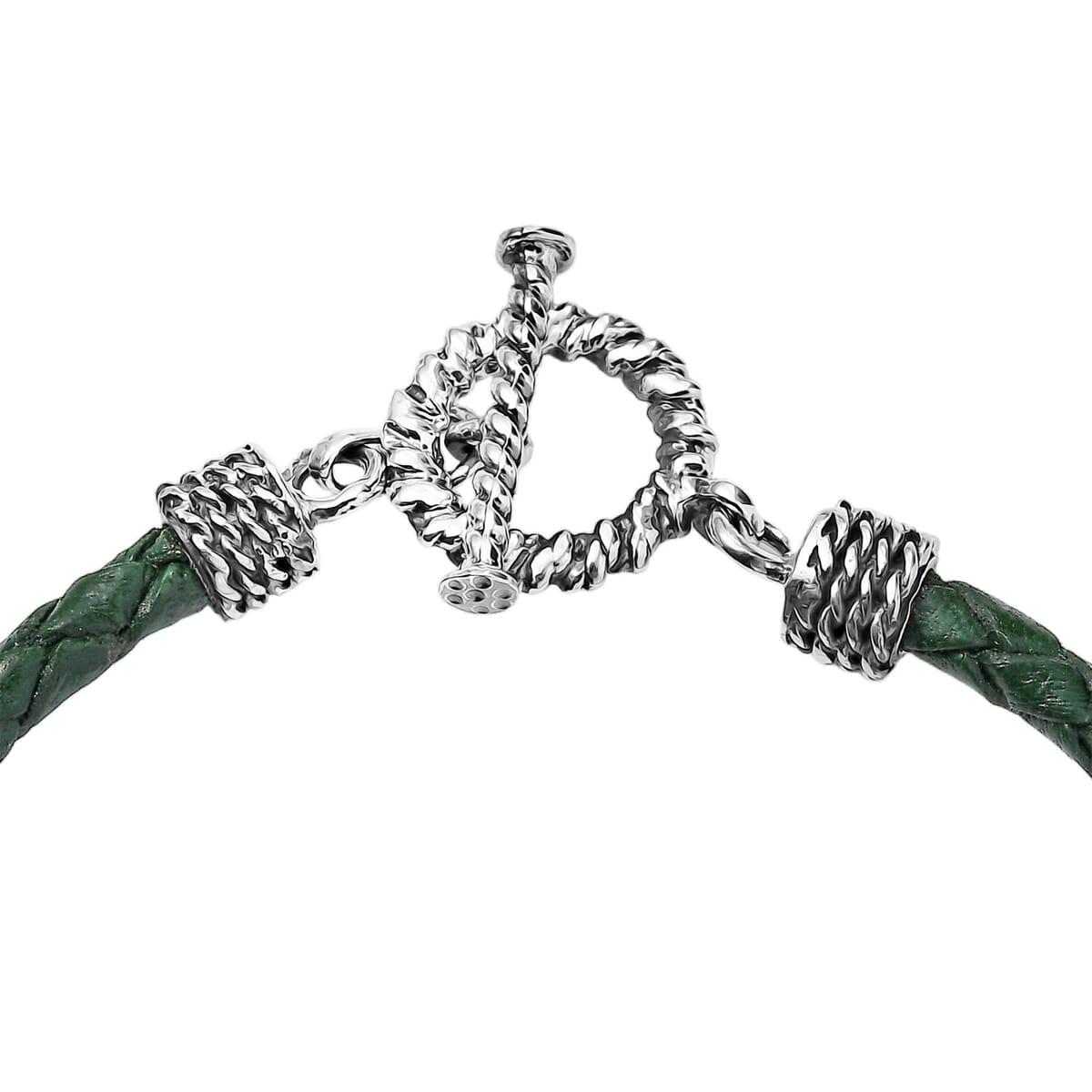 Value Buy Green Leather Cord Bracelet in Black Oxidized Sterling Silver (7.25 In) image number 3