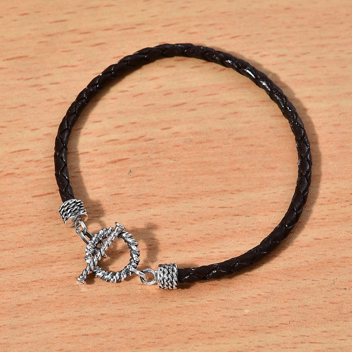 Black Leather Cord Bracelet in Black Oxidized Sterling Silver (7.25 In) image number 1