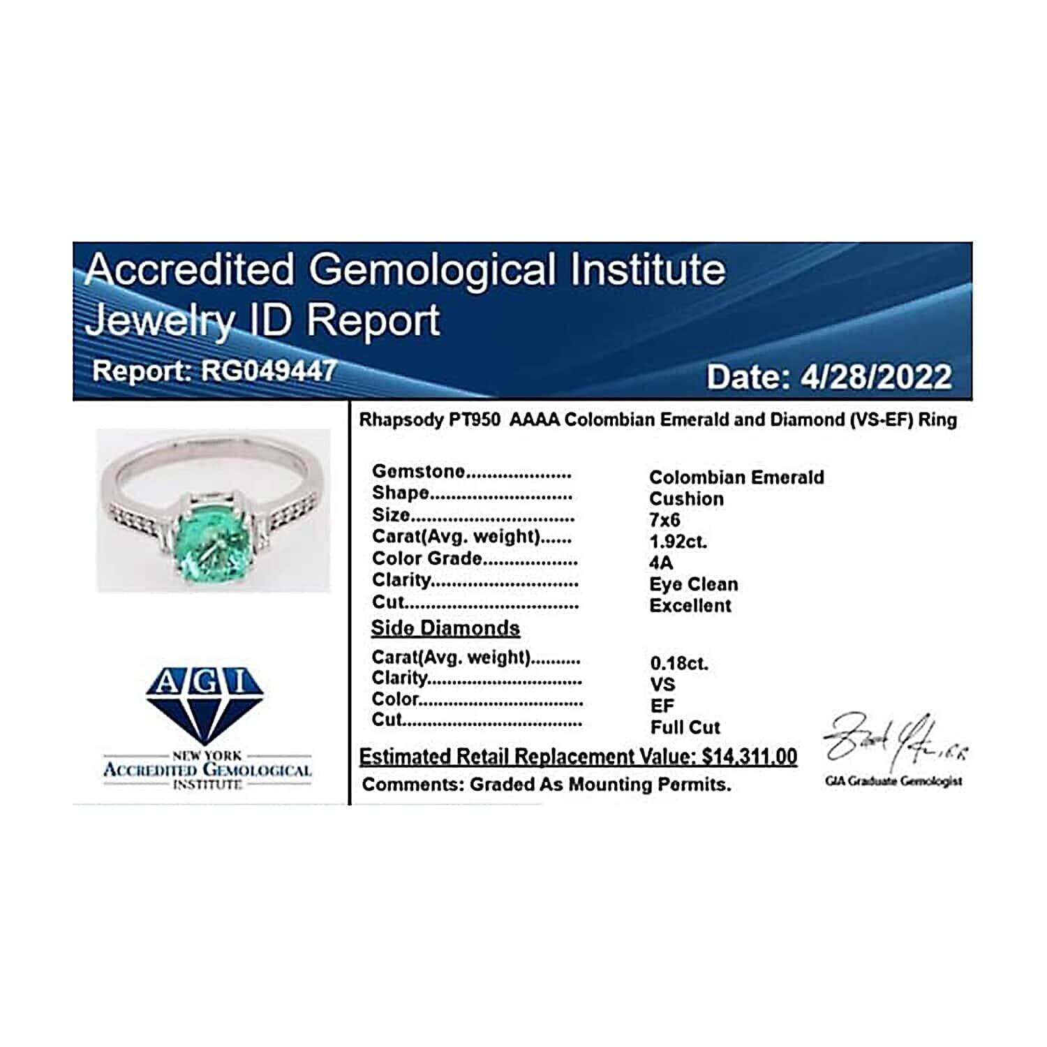 Certified & Appraised Rhapsody AAAA Boyaca Colombian Emerald and E-F VS Diamond 2.10 ctw Ring in 950 Platinum (Size 5.0) 5.15 Grams