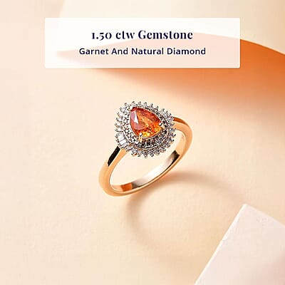 Luxoro 14K Yellow Gold AAA Fanta Garnet, Natural Champagne and White Diamond (I2) (0.30 cts) Autum Forest - Sunburst Ring (Size 8.0) 1.50 ctw