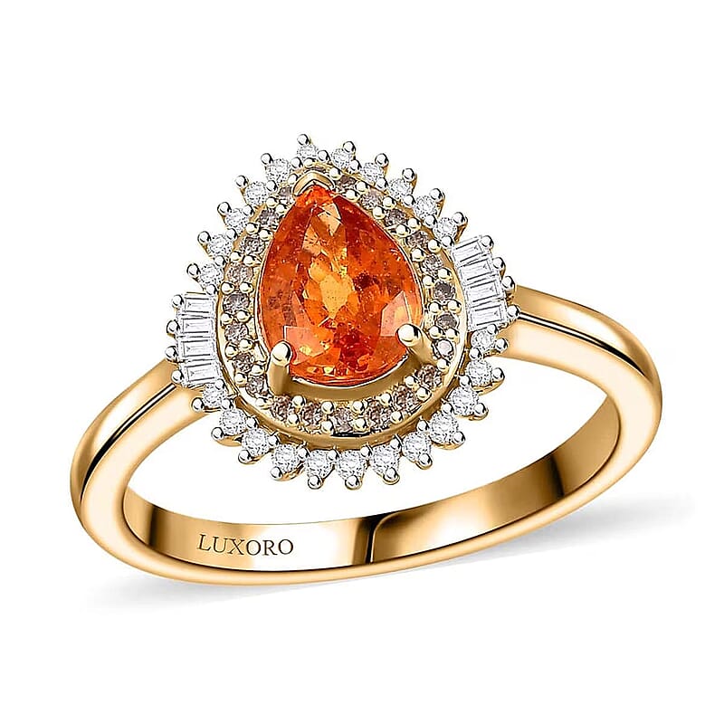 Luxoro AAA Fanta Garnet, I2 Natural Champagne and White Diamond 1.50 ctw Autum Forest Sunburst Ring in 14K Yellow Gold (Size 5.0)