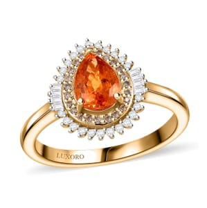 Luxoro AAA Tanzanian Mandarin Garnet, I2 Natural Champagne and White Diamond 1.50 ctw Autum Forest Sunburst Ring in 14K Yellow Gold (Size 6.0)