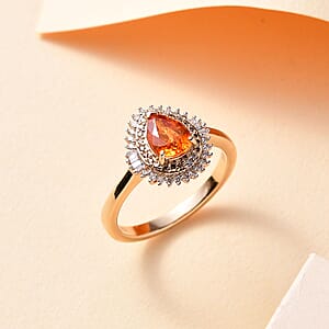 Luxoro AAA Tanzanian Mandarin Garnet, I2 Natural Champagne and White Diamond 1.50 ctw Autum Forest Sunburst Ring in 14K Yellow Gold (Size 7.0)