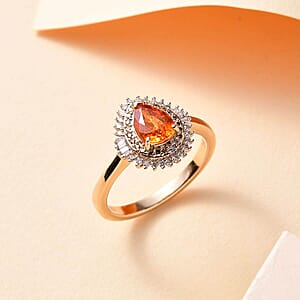Luxoro AAA Fanta Garnet, I2 Natural Champagne and White Diamond 1.50 ctw Autum Forest Sunburst Ring in 14K Yellow Gold (Size 8.5)
