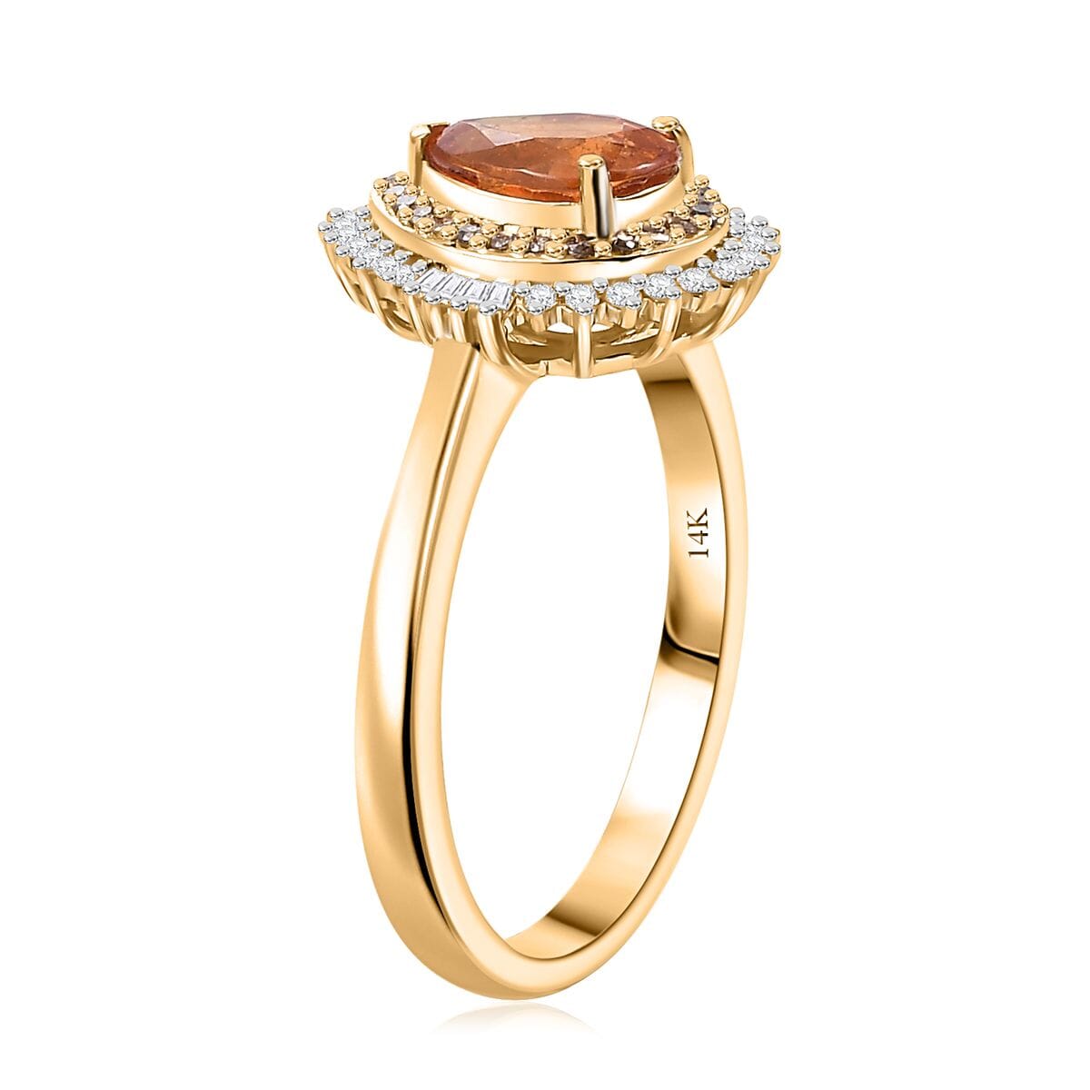 Luxoro AAA Tanzanian Mandarin Garnet, I2 Natural Champagne and White Diamond 1.50 ctw Autum Forest Sunburst Ring in 14K Yellow Gold (Size 9.0) image number 3