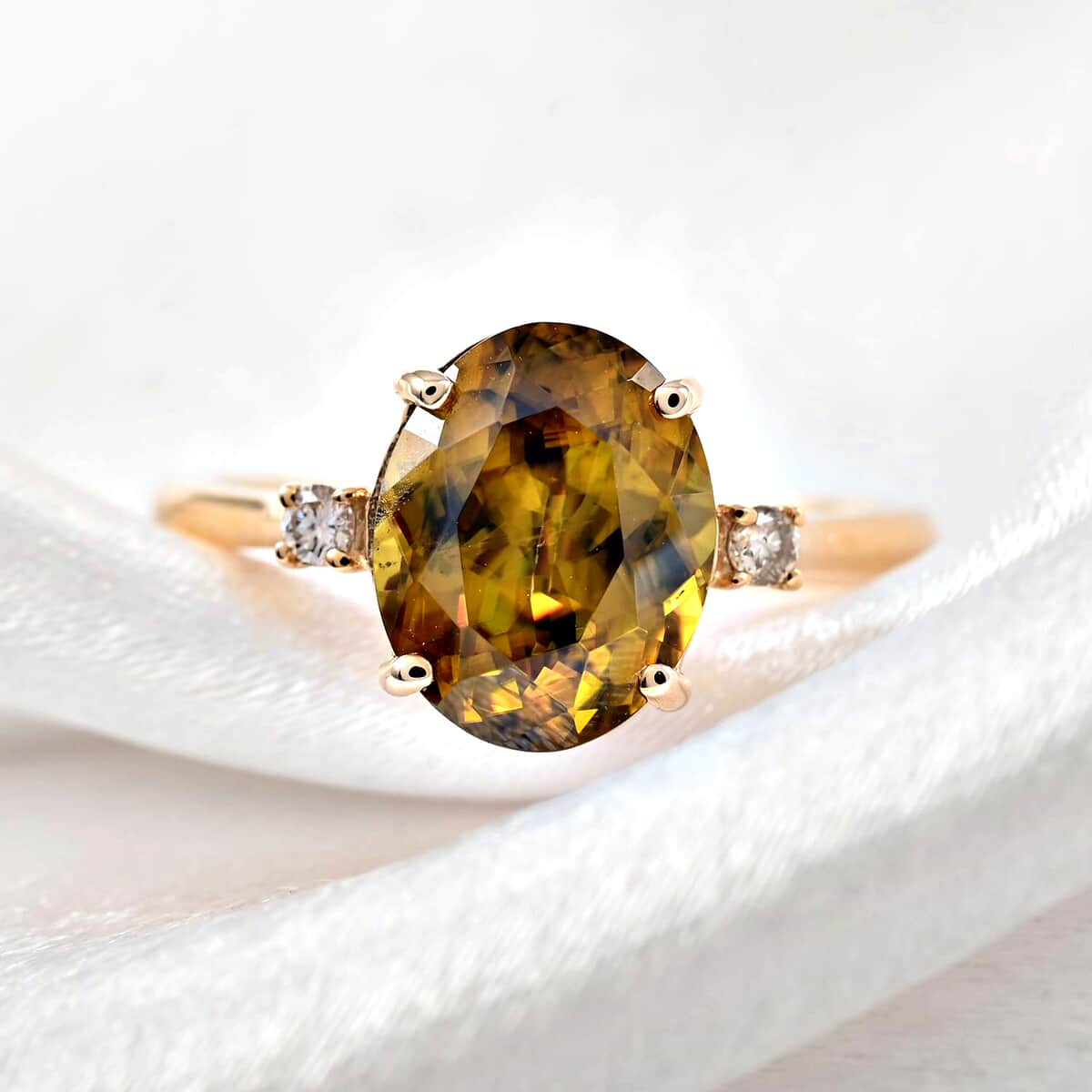 Luxoro AAA Sava Sphene and G-H I2 Diamond 3.20 ctw Ring in 10K Yellow Gold (Size 7.5) image number 1