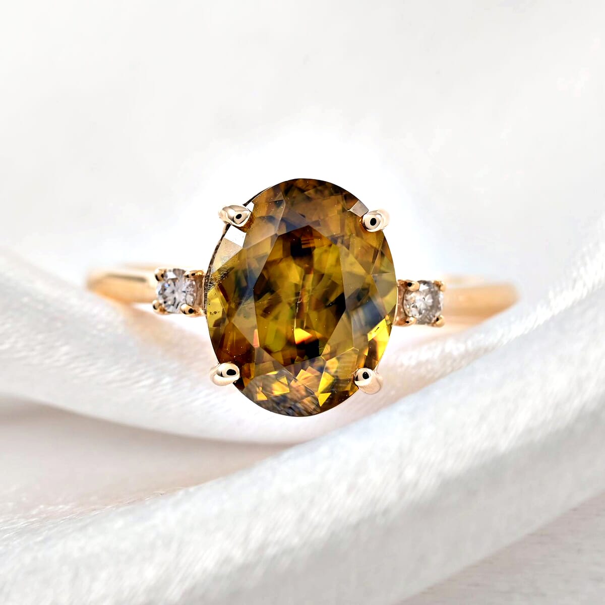 Luxoro AAA Sava Sphene and G-H I2 Diamond 3.20 ctw Ring in 10K Yellow Gold (Size 8.5) image number 1